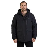 Campera Volcom de corte recto, color negro, con capucha ajustable, cierre frontal con solapa y botones a presión, bolsillos laterales con solapa y bolsillos superiores con cierre termosellado.