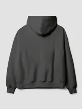 Hoodie gris oscuro con capucha, corte boxy y bolsillo tipo canguro. Presenta un pequeño estampado frontal con tres cuadros amarillos que contienen cruces negras.