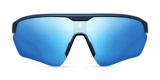 Lentes de sol deportivos con montura azul y lentes espejados azules. Ofrecen protección UV400 y recubrimiento anti-scratch y superhidrofóbico.