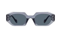 Lentes de sol unisex con montura geométrica gris translúcido y lentes grises.