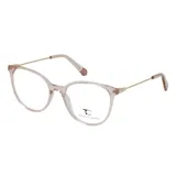 Anteojos de receta Teresa Calandra con marco de acetato translúcido en tono rosado y patillas metálicas doradas.