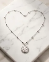 Collar de acero con cadena de eslabones finos intercalados con pequeñas esferas metálicas. Presenta un dije circular con diseño de estrella central en nácar.