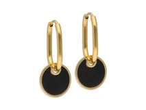 Par de aros colgantes de acero dorado con diseño de argolla y círculo de acrílico negro.