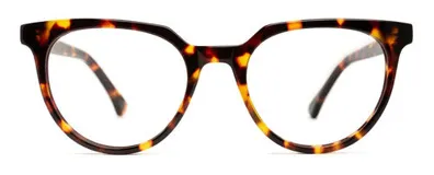 Armazón para lentes de receta, modelo Mata, forma panto, color carey, con detalles plateados en las patillas.