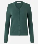 Cardigan de punto fino color gris, con escote en V, cierre frontal con botones y mangas largas. Confeccionado en una mezcla de viscosa y poliamida.