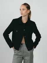 Campera negra de corte estructurado, con cuello clásico, cierre frontal de botones y dos bolsillos delanteros con solapa.