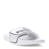 Sandalias tipo ojota Puma modelo Leadcat 2.0 V, color blanco con logo y detalles en negro. Presentan una banda superior ajustable con cierre de velcro.
