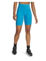 Calza corta deportiva Under Armour Motion Bike Short, de tiro alto y color celeste, con bolsillos laterales y pretina ancha.