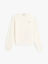 Buzo Tommy Hilfiger de corte regular, color blanco, con cuello redondo, manga larga y logo script bordado en el pecho.
