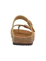 Sandalias de cuero color tostado con dos tiras ajustables con hebillas metálicas, plantilla anatómica de corcho y suela de goma.
