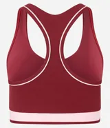 Top deportivo femenino color bordó, modelo copa nadador, con ribetes y banda inferior en rosa claro. Presenta un estampado frontal en blanco con el texto "Vintage Sporting League - The Weekend Club".