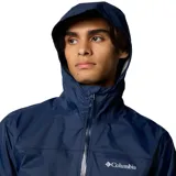 Campera impermeable Columbia modelo Evapouration II, color azul marino, con capucha ajustable, cierre frontal completo y ventilación en las axilas. Cuenta con tecnología Omni-Tech, puños ajustables y dobladillo posterior más largo para mayor protección.