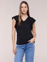 Blusa negra de broderie con escote en V y mangas cortas con volados.