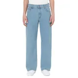 Pantalón de jean celeste, corte recto, con bolsillos delanteros y traseros.