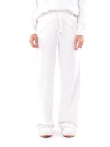 Pantalón ancho de tiro alto color blanco roto, con cordón ajustable en la cintura y costuras verticales marcadas en el frente.