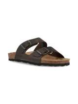 Sandalias marrones de dos tiras con hebillas metálicas ajustables, plantilla anatómica y suela de corcho con base de goma.