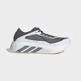 Championes de running Adidas Hyperboost Run, color gris y blanco con suela alta de amortiguación Boost+ y las icónicas tres tiras de la marca en el lateral.
