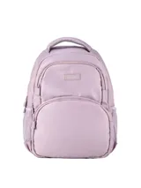 Mochila de diseño moderno y funcional en color verde militar, confeccionada en material resistente de acabado liso. Cuenta con un amplio compartimento principal con cierre, un bolsillo frontal de gran tamaño, bolsillos laterales de red elástica y correas ajustables acolchadas con material respirable en la parte trasera.