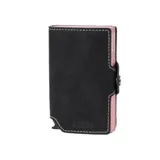 Billetera tarjetero de cuero negro con interior rosa, cierre con broche y capacidad para múltiples tarjetas.