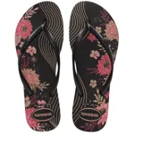 Sandalias Havaianas Slim Organic con estampado floral en tonos rosados y tiras finas color cobre.