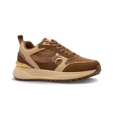 Championes urbanos Korium modelo Carrie, con diseño en tonos marrones y beige. Presentan una combinación de texturas que incluye gamuza y detalles con estampado animal print, además de un aplique metálico dorado en el talón y suela de plataforma.