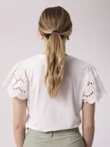 Remera blanca de poliéster y spandex con mangas cortas con volados de encaje.