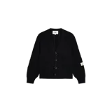 Cardigan de punto negro Eme Studios modelo Inger, con cuello en V, cierre frontal de botones y parche distintivo en la manga.