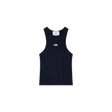 Musculosa de tejido rib color azul marino con diseño ajustado, cuello redondo y detalle de placa metálica ovalada con logo en el centro del pecho.