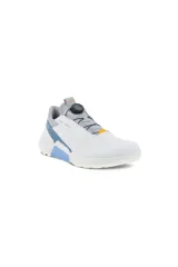 Championes de golf Ecco Biom H4, color blanco con detalles en azul claro y gris. Presentan un sistema de ajuste BOA Fit System Li2 y suela ECCO MTN GRIP.