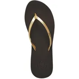 Ojotas Reef color champagne con tiras finas doradas y logo de la marca en la plantilla.