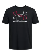 Remera de manga corta Under Armour, color negro, con cuello redondo acanalado y estampado gráfico del logo de la marca en el centro del pecho en colores blanco y rojo.