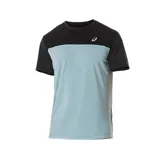 Remera deportiva Asics de hombre, de manga corta, con diseño de bloques de color negro y celeste.