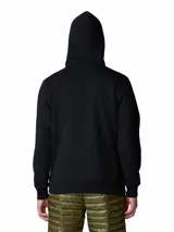 Hoodie canguro negro de Mountain Hardwear con capucha y cordones ajustables, bolsillo tipo canguro y estampado gráfico en blanco en el pecho con texto y logotipo de la marca.