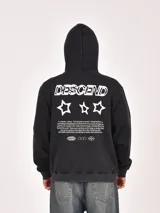 Hoodie de color negro con efecto lavado, cuenta con capucha y bolsillo frontal tipo canguro. Presenta un estampado gráfico en el pecho con elementos geométricos, el texto 'DESCEND' y estrellas.