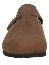 Zuecos de cuero marrón RKF, modelo Rowan, con diseño cerrado en la parte delantera, tira ajustable con hebilla metálica y suela de corcho con base de goma.