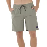 Bermuda de baño color verde con cintura elástica ajustable con cordón, bolsillos laterales con cierre y logo estampado en la pierna.