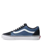 Championes Vans modelo Old Skool, con diseño clásico de caña baja. Presentan una combinación de paneles de lona azul y gamuza en color azul marino, con la icónica banda lateral blanca y suela de goma vulcanizada con patrón waffle.