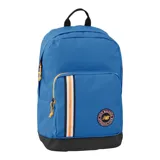 Mochila New Balance color azul con base negra y detalles en naranja. Cuenta con un bolsillo frontal con cierre, un compartimento principal con cierre y un asa de mano en la parte superior.