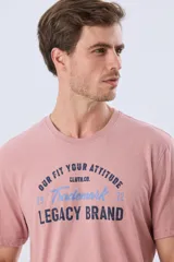 Remera de algodón color rosado, de manga corta y cuello redondo, con estampa frontal con tipografía en tonos azules.