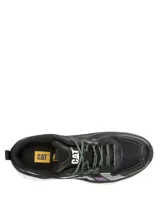 Sneaker Cat modelo Hasten Mesh, color negro con detalles en blanco y violeta. Presenta una combinación de malla y materiales sintéticos, con una suela de plataforma blanca y cordones jaspeados.