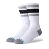 Medias de caña media Stance, color blanco con franjas horizontales negras y grises en la parte superior, puntera y talón en gris jaspeado.