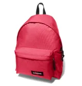 Mochila Eastpak roja con asa de mano negra y bolsillo frontal con logo de la marca.