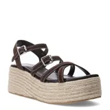 Sandalias de plataforma Miss Carol modelo Corena, color marrón, con suela revestida en yute tipo espadrille. Presenta múltiples tiras finas con pespuntes contrastantes, hebillas metálicas regulables y sujeción al tobillo.