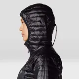Campera técnica con capucha, de diseño acolchado y acabado brillante. Cuenta con cierre frontal completo, bolsillo con cremallera en el pecho y bolsillos laterales. Presenta puños elásticos y dobladillo ajustable para mayor retención de calor.