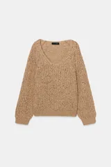 Sweater de punto con cinta entrelazada, color tostado, escote redondo pronunciado y manga larga con puños ajustados.