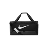 Bolso deportivo Nike Brasilia 9.5 unisex, color negro con logo blanco. Cuenta con compartimento lateral para zapatillas, bolsillos interiores y exteriores, doble asa de mano y correa ajustable para el hombro.