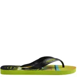 Sandalias tipo ojotas Havaianas con estampado playero degradado en tonos azules, verdes y naranjas. Presentan tiras anchas en color celeste con el logo de la marca en relieve.