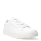 Championes urbanos de diseño minimalista, color blanco, con cierre de cordones y suela plana de goma.