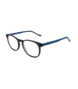 Armazón para lentes de acetato negro con detalles en azul en las patillas.