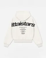 Hoodie de color blanco hueso con diseño estampado en la espalda que incluye el logo de la marca y texto gráfico en color negro. Presenta capucha, mangas largas con puños elásticos y ruedo ajustado.